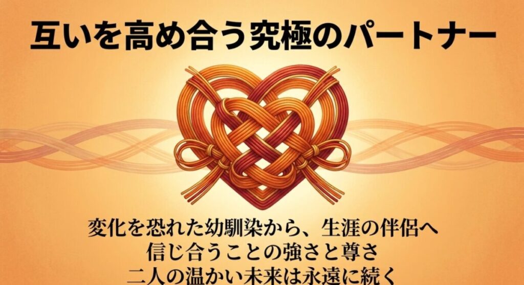 【君に届け】千鶴と龍：紐がハート型に結ばれたイラストが描かれた、まとめのスライド画像です。 「互いを高め合う究極のパートナー」として、「変化を恐れた幼馴染から、生涯の伴侶へ」進展した二人の「信じ合うことの強さと尊さ」や「温かい未来は永遠に続く」というメッセージが記されています。