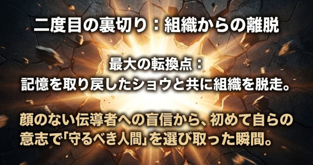 炎炎アロー：二度目の裏切りである組織からの離脱は、記憶を取り戻したショウと共に脱走し自らの意志で守るべき人間を選んだ最大の転換点