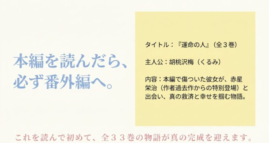君に届け：本編を読んだら、必ず番外編へ。タイトル：『運命の人』（全3巻）。主人公：胡桃沢梅（くるみ）。内容：本編で傷ついた彼女が、赤星栄治（作者過去作からの特別登場）と出会い、真の救済と幸せを掴む物語。これを読んで初めて、全33巻の物語が真の完成を迎えます。