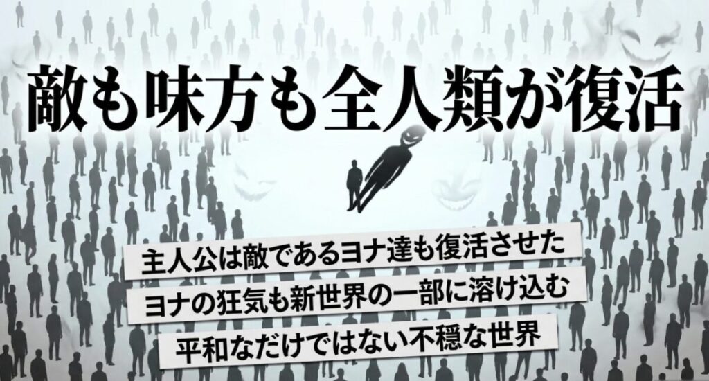 主人公が敵であるヨナ達も復活させたことで、ヨナの狂気も新世界の一部に溶け込む、平和なだけではない不穏な世界