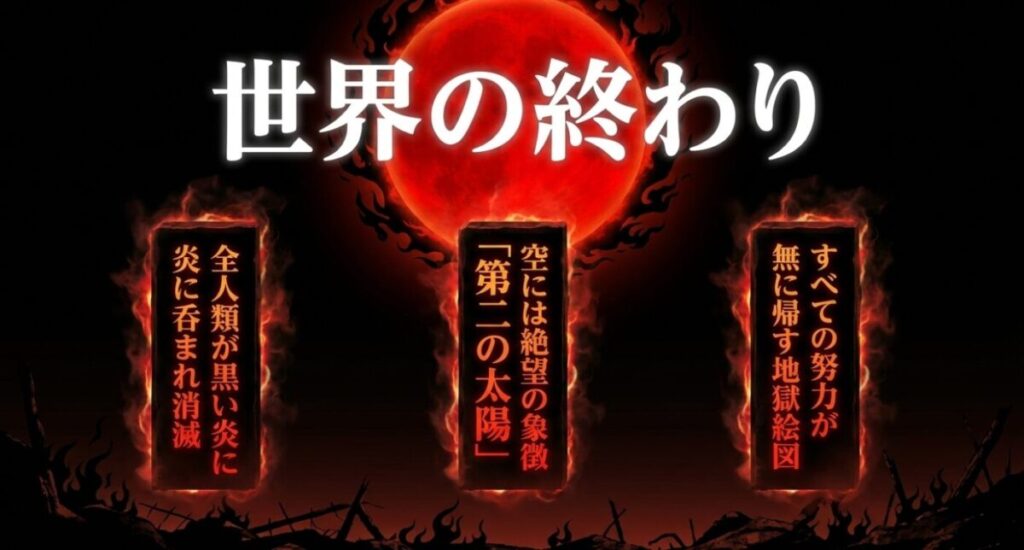 ヨナ：空には絶望の象徴である第二の太陽が浮かび、全人類が黒い炎に呑まれ消滅していく、すべての努力が無に帰す地獄絵図