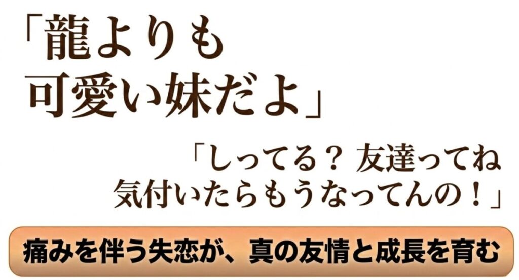 徹の龍よりも可愛い妹という言葉と、痛みを伴う失恋が育む真の友情について解説したスライド