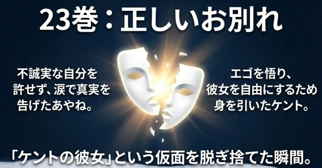 【君に届け】あやねとケント：23巻で不誠実な自分を許せず涙で真実を告げたあやねと、エゴを悟り身を引いたケントによる正しいお別れを示すスライド