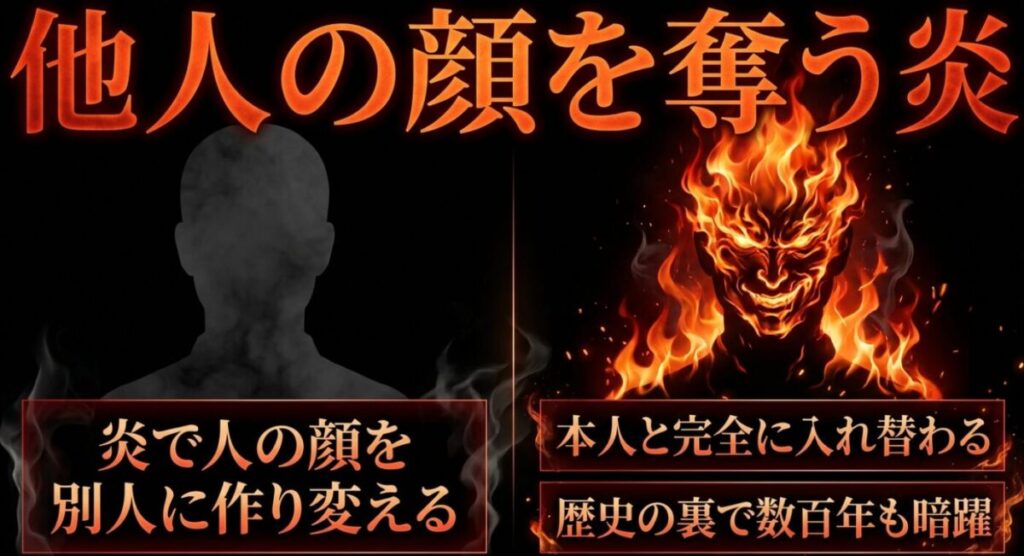 ヨナが歴史の裏で数百年も暗躍できた理由である、炎で人の顔を別人に作り変え、本人と完全に入れ替わる能力