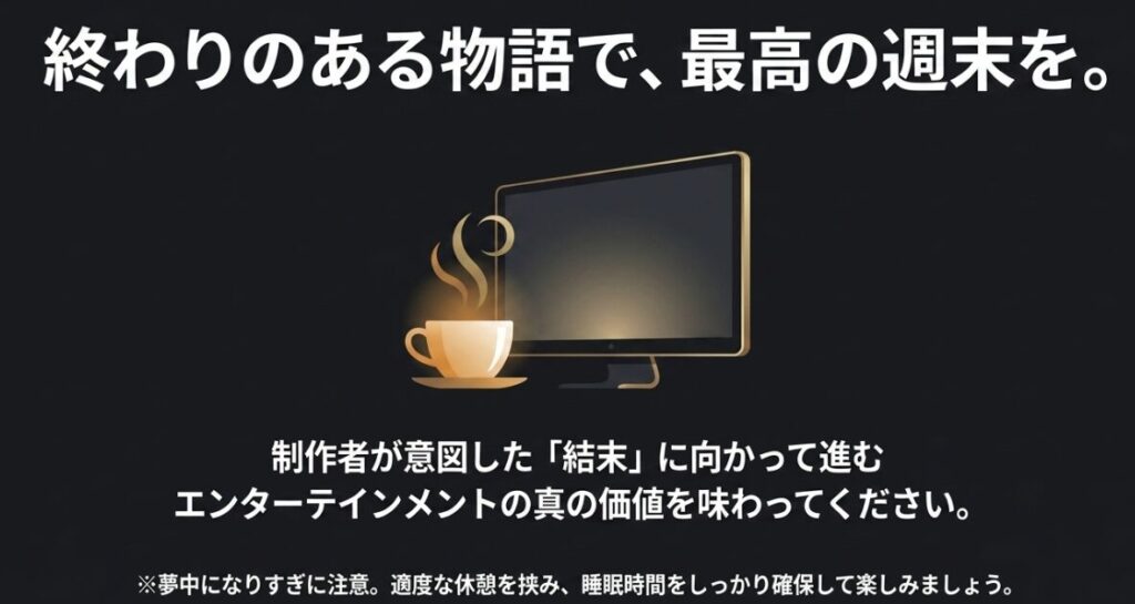終わりのある物語で最高の週末を。適度な休憩を挟み、睡眠時間をしっかり確保して楽しみましょう。