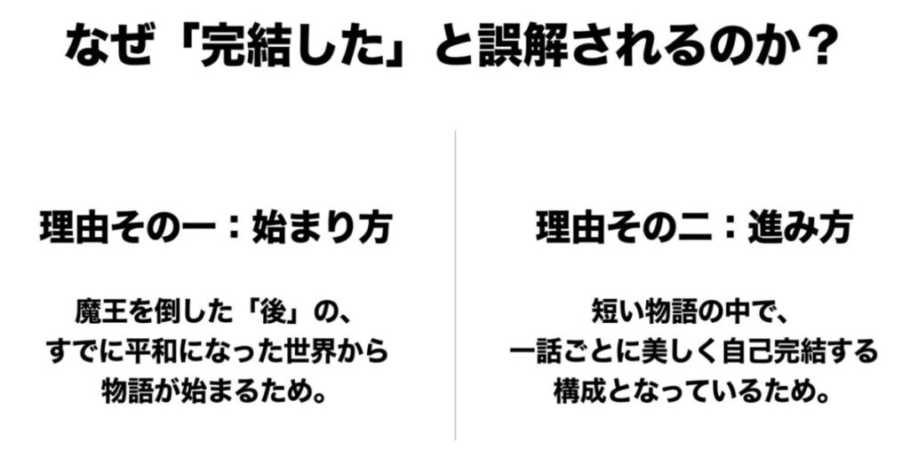 葬送のフリーレンが完結したと誤解される理由として、エピローグ的な始まり方と一話ごとの自己完結的な進み方を挙げているスライド