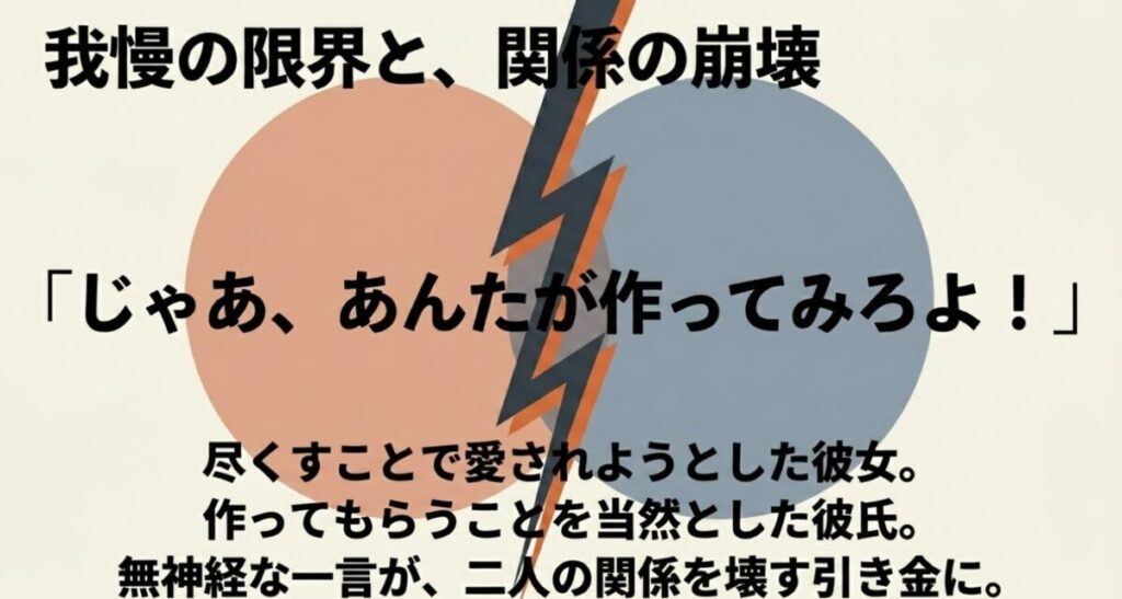 じゃああんたが作ってみろよ：尽くすことで愛されようとした彼女と、作ってもらうことを当然とした彼氏。無神経な一言が二人の関係を壊す引き金になったことを解説するあらすじスライド。