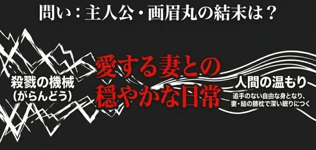 地獄楽:主人公・画眉丸の結末。殺戮の機械(がらんどう)から人間の温もりを取り戻し、愛する妻・結の膝枕で深い眠りにつく穏やかな日常を手に入れた姿。