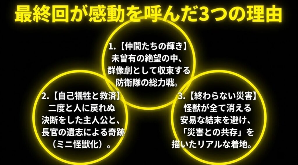 怪獣8号の最終回が感動を呼んだ理由として、防衛隊の総力戦、主人公の自己犠牲と救済、終わらない災害との共存の3点をまとめたスライド