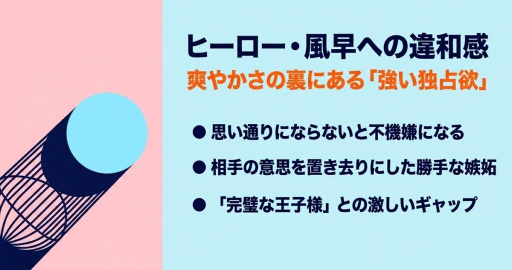 君に届け:ヒーローの風早翔太に違和感を抱く理由として、思い通りにならないと不機嫌になる点、勝手な嫉妬、完璧な王子様像との激しいギャップを解説するスライド