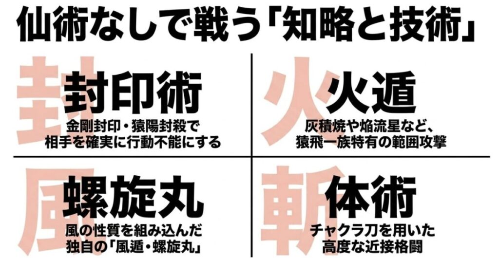 仙術なしで戦う木ノ葉丸の知略と技術として「金剛封印・猿陽封殺」「風遁・螺旋丸」「灰積焼などの火遁」「チャクラ刀を用いた体術」の4つの強みをまとめた解説図