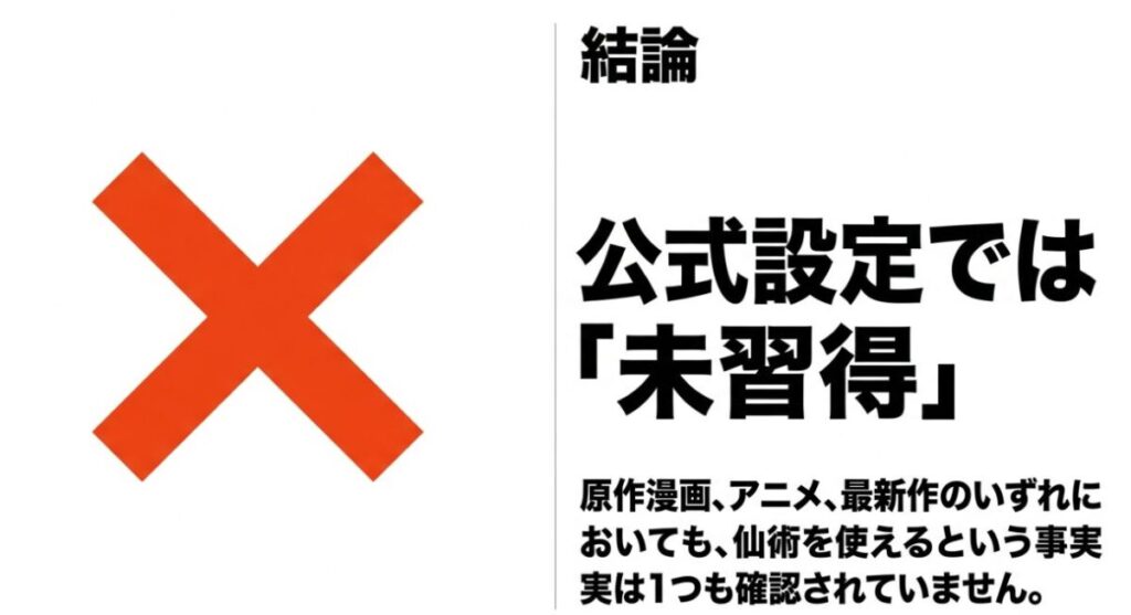 木ノ葉丸が仙人モードを習得しているという事実はなく、原作漫画やアニメなどの公式設定では未習得であることを示す結論画像