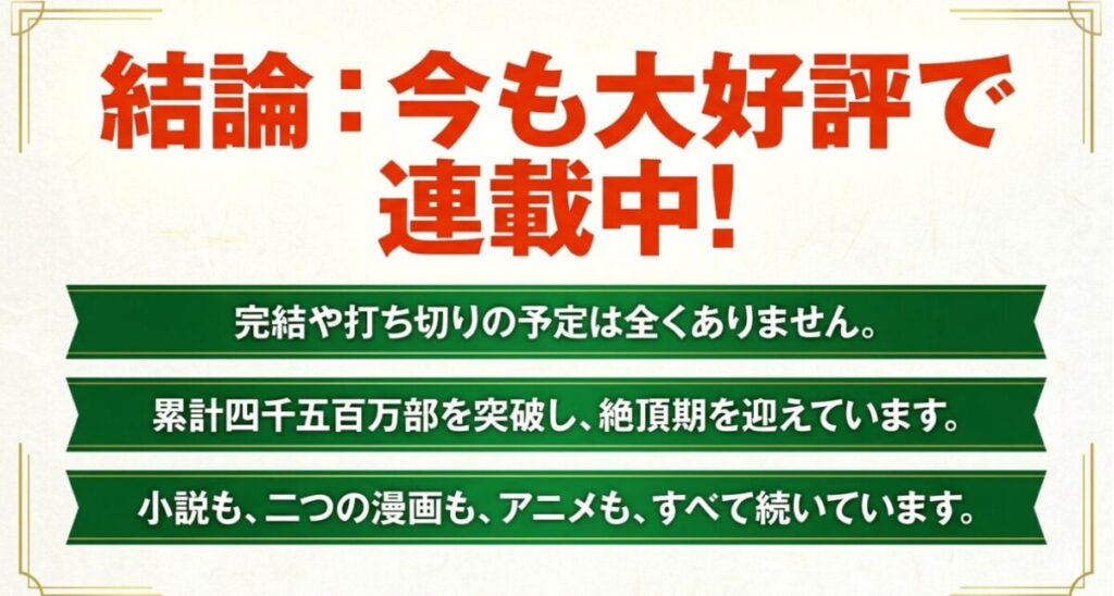 薬屋のひとりごとは完結や打ち切りの予定は全くなく、累計四千五百万部を突破し、小説・二つの漫画・アニメすべてが大好評連載中であることを示すスライド