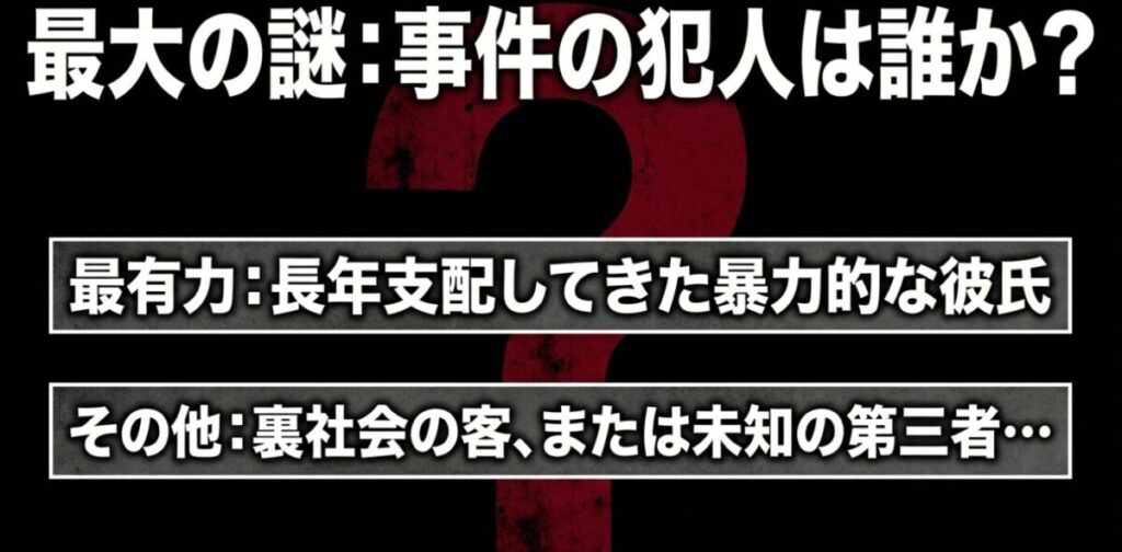 みいちゃんと山田さん：最大の謎である事件の犯人について、長年支配してきた暴力的な彼氏が最有力であることなどを考察したスライド