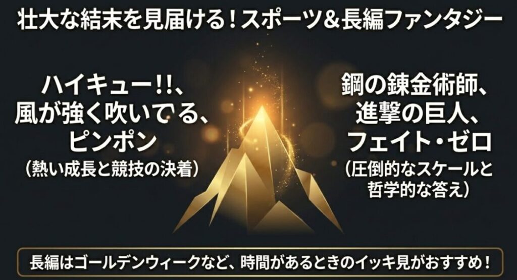 壮大な結末を見届けるスポーツ&長編ファンタジー(ハイキュー!!、鋼の錬金術師など)