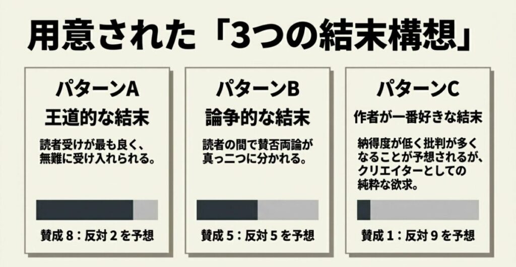 ハンターハンター：作者が用意した3つの結末構想。読者受けの良いパターンA、論争的なパターンB、作者が一番好きなパターンCの予想賛否割合。