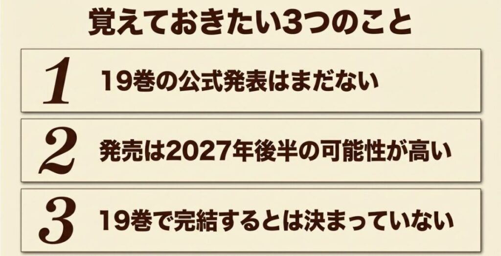 19巻の公式発表は未定、発売は2027年後半が予想候補、19巻完結は未確定という3つの要点