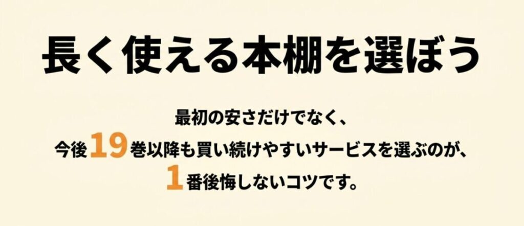 最初の割引だけでなく、3月のライオン19巻以降も買い続けやすい電子書籍サービスを選ぶ重要性を示す図