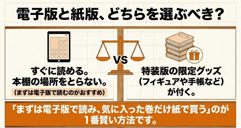 すぐ読めて本棚を使わない電子版と、限定グッズや所有感を楽しめる紙版の特徴を比較した図