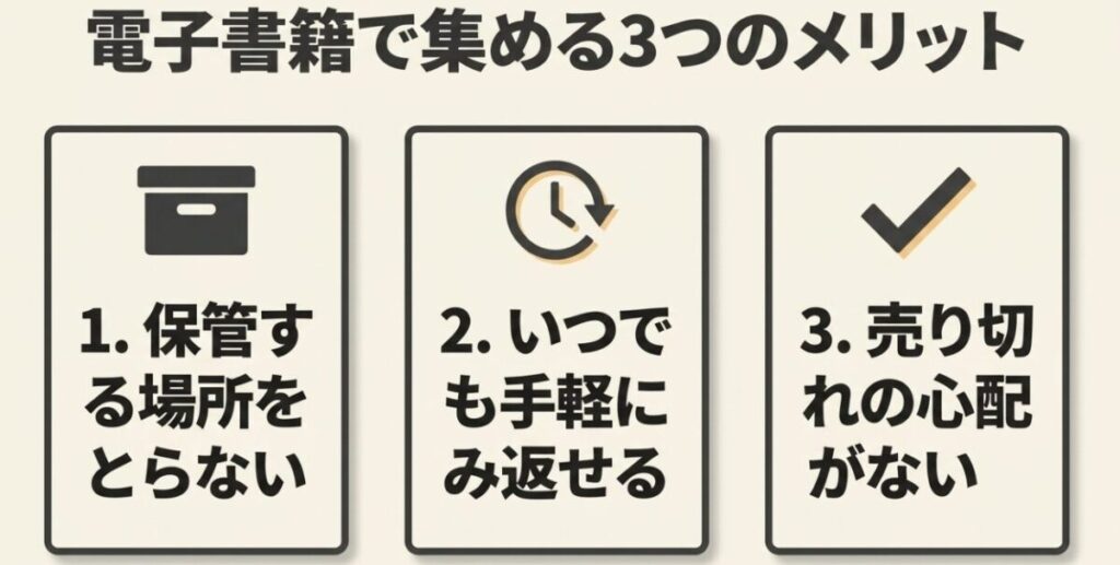 電子書籍には保管場所が不要、いつでも読み返せる、売り切れの心配がないという3つのメリットがある
