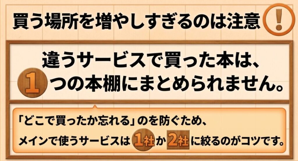電子書籍を複数サービスで購入すると本棚が分かれるため、主に使うストアを1社か2社に絞ることを勧める図