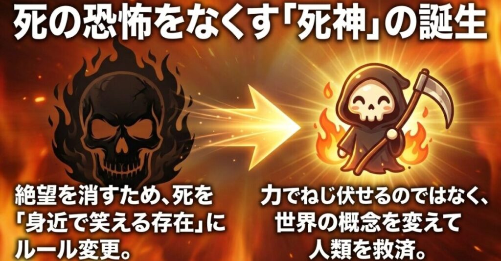 死への恐怖を和らげるため、シンラが身近で笑える存在として死神を創造し、世界の概念を変えたことを示すスライド