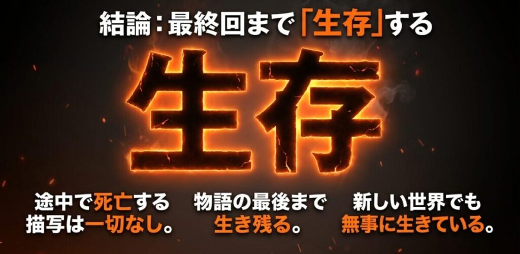 環古達は途中で死亡せず、最終回と再創造後の新世界でも生存していることを示すスライド