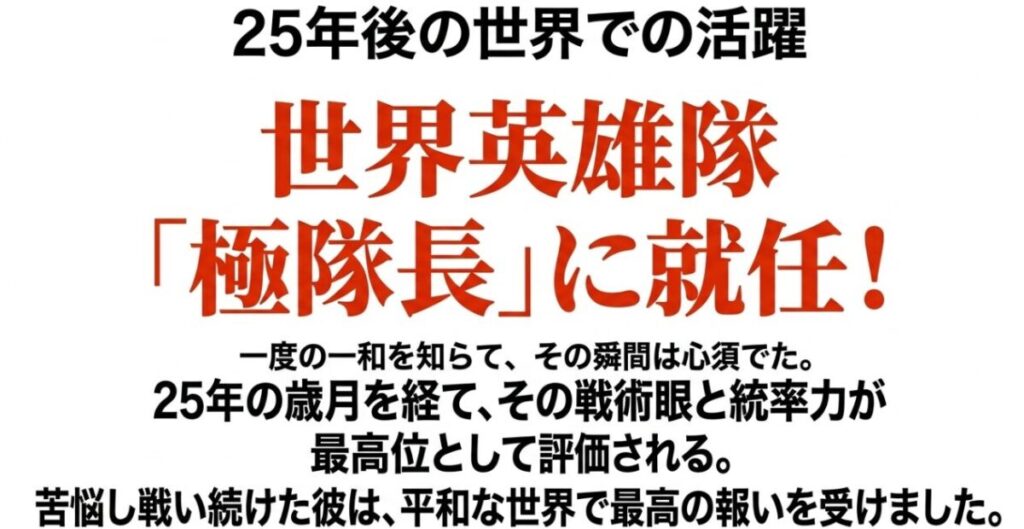 炎炎ノ消防隊の25年後の世界で、武久火縄が世界英雄隊の極隊長に就任したことを示すスライド
