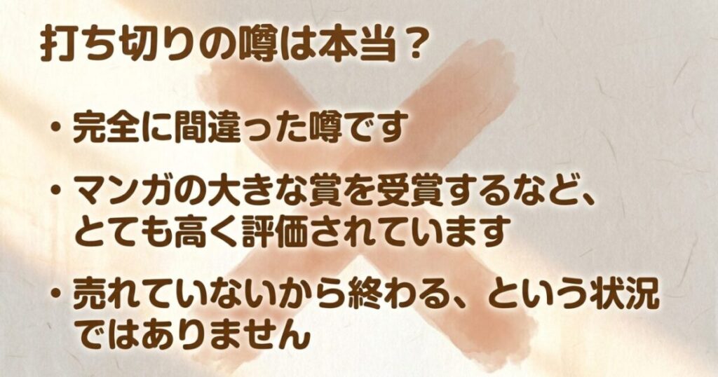 ひらやすみの打ち切り疑惑は誤りで漫画賞などでも高く評価されていることを説明する図
