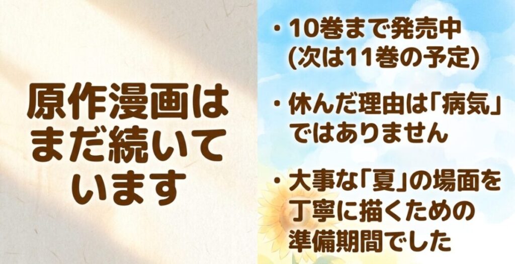 ひらやすみの原作漫画が連載中で10巻まで発売され休載は夏の場面を丁寧に描くためだったと説明する図