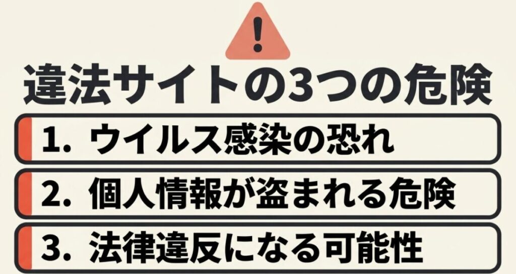 違法漫画サイトにあるウイルス感染、個人情報流出、法律上の問題という3つの危険を示した図