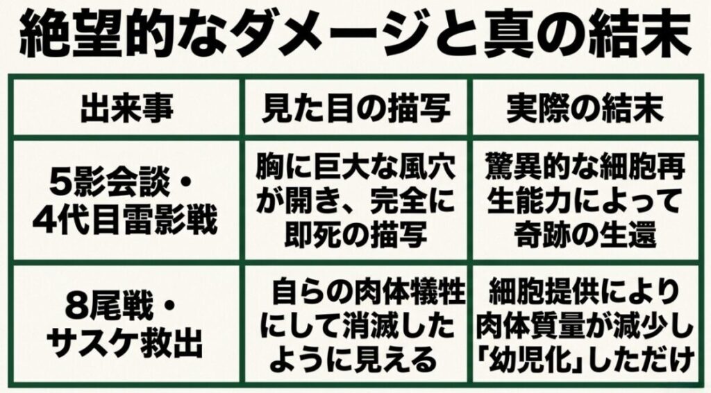重悟：5影会談の雷影戦と8尾戦におけるサスケ救出で重吾が受けた絶望的なダメージと、その後の真の結末を比較した表。