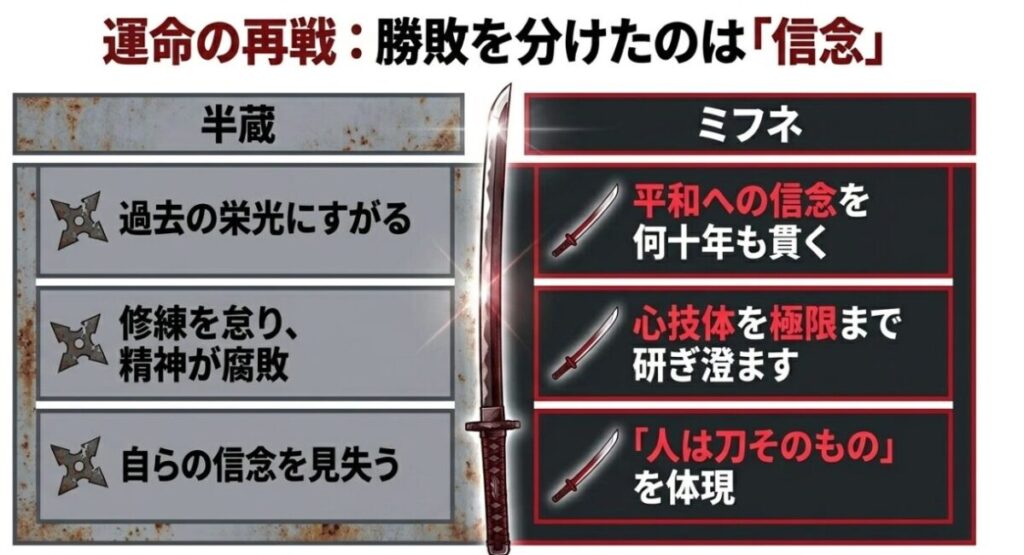 半蔵とミフネの運命の再戦において勝敗を分けた「信念」の対比図。過去の栄光にすがり信念を見失った半蔵と、平和への信念を貫き「人は刀そのもの」を体現したミフネの違いが比較されています。