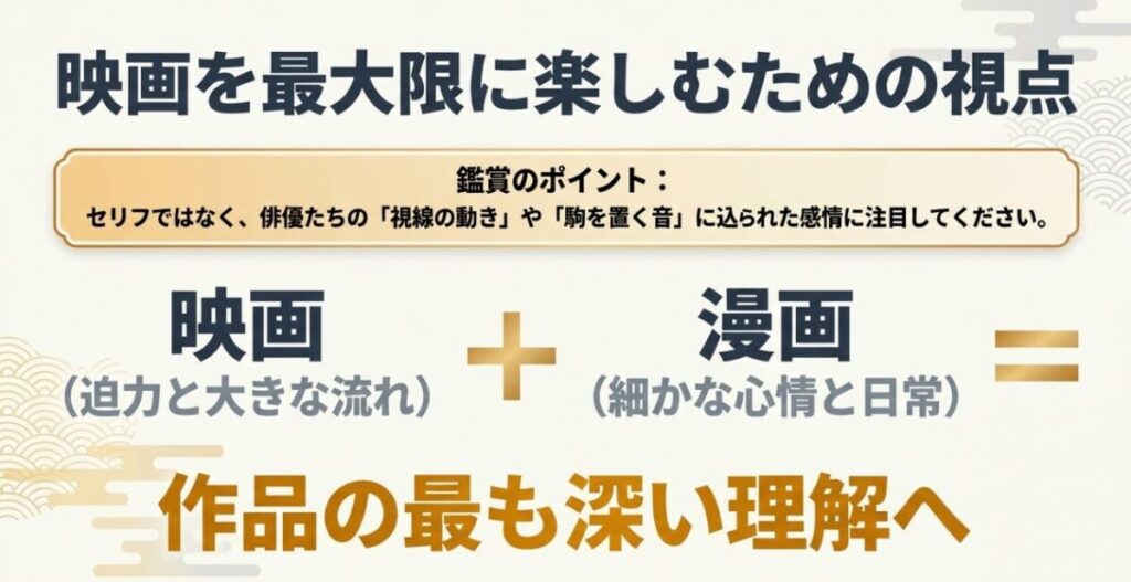 映画の迫力や大きな流れと漫画の細かな心情や日常を組み合わせた楽しみ方