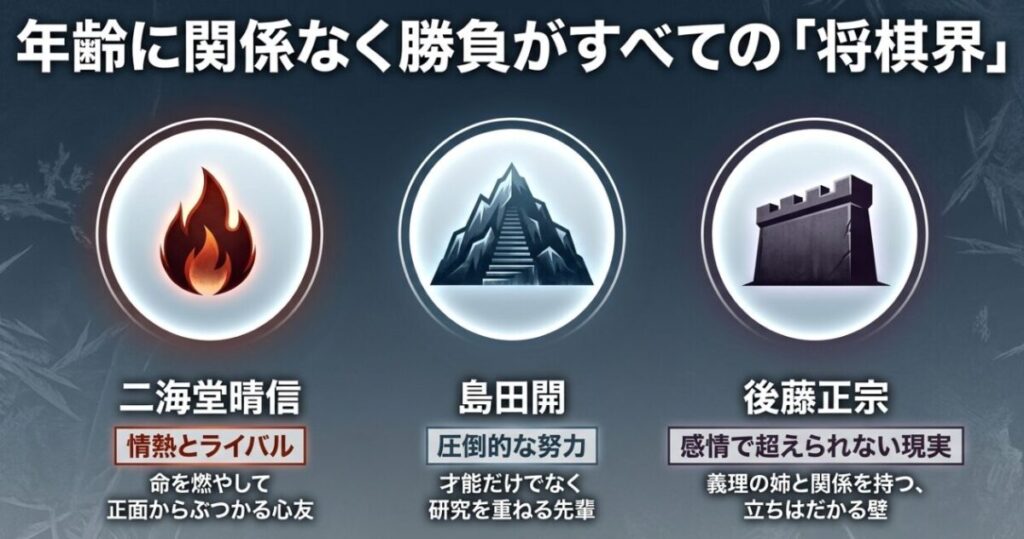 二海堂晴信・島田開・後藤正宗と桐山零の関係を整理した将棋界の人物図
