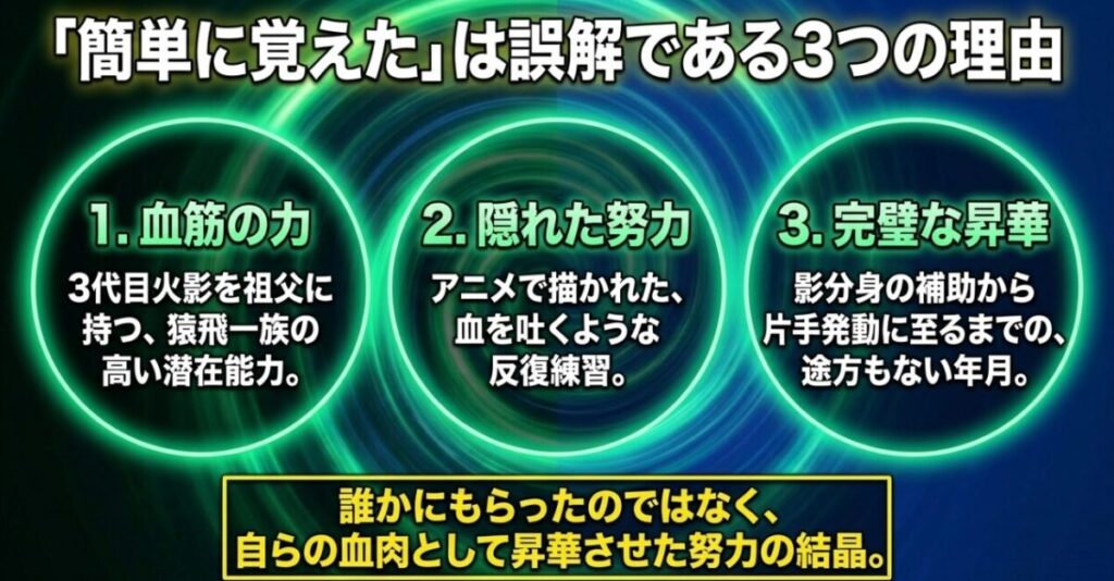 木ノ葉丸が螺旋丸を習得できたのは、猿飛一族の血筋の力、隠れた努力、そして片手発動に至るまでの完璧な昇華によるものだという解説