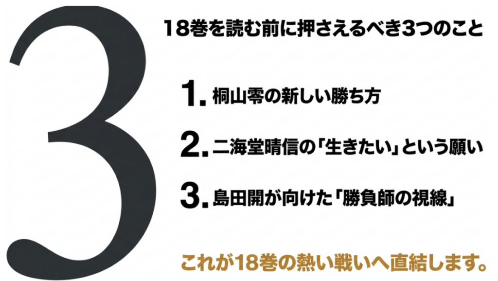 『3月のライオン』18巻前に押さえたい、零の新しい勝ち方、二海堂の生きたい願い、島田の勝負師の視線
