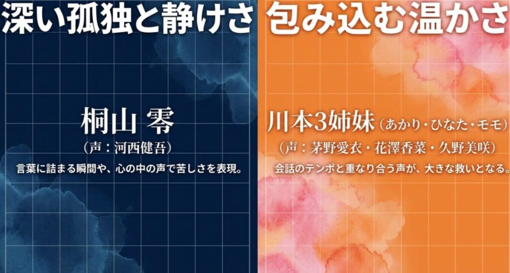 河西健吾演じる桐山零の深い孤独と静けさ、茅野愛衣・花澤香菜・久野美咲演じる川本三姉妹の包み込む温かさを比較した図