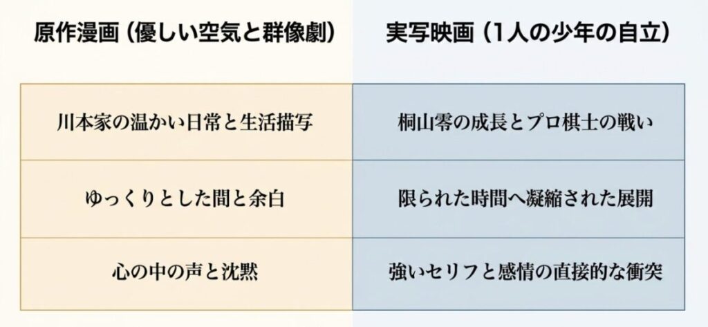 原作漫画の優しい空気と群像劇、実写映画の桐山零の成長とプロ棋士の戦いを比較した表