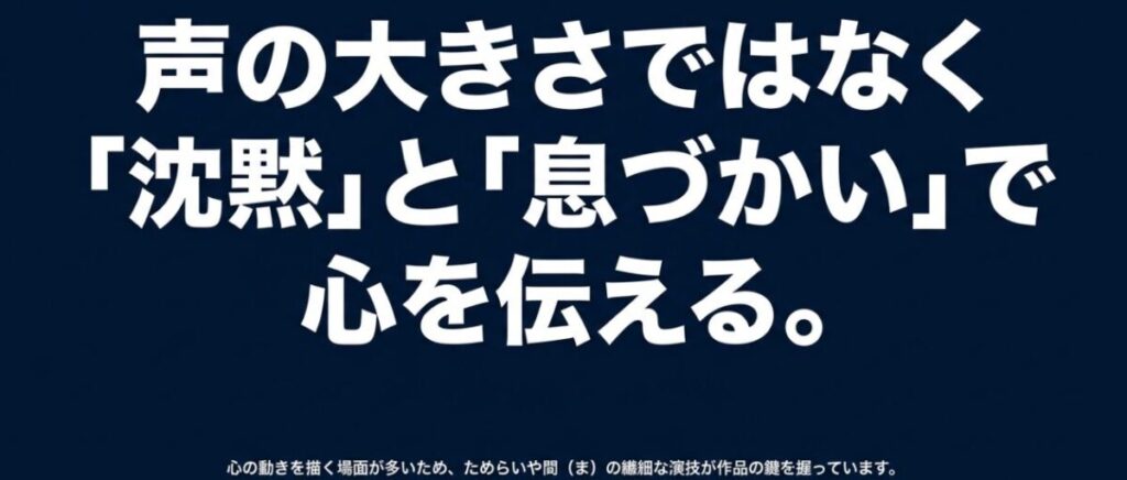 声の大きさではなく沈黙と息づかいで登場人物の心を伝える『3月のライオン』の声優演技を解説したスライド