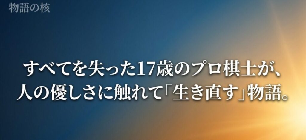 すべてを失った17歳のプロ棋士が、人の優しさに触れて生き直していく物語だと示すスライド