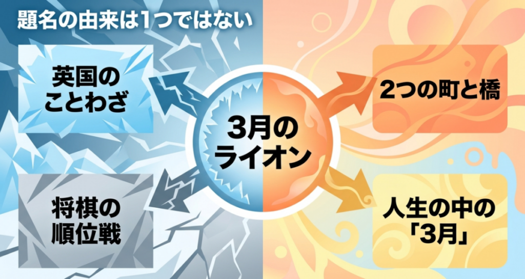 『3月のライオン』の題名が英国のことわざ、将棋の順位戦、二つの町と橋、人生の中の3月という4つの由来から成ることを示す図