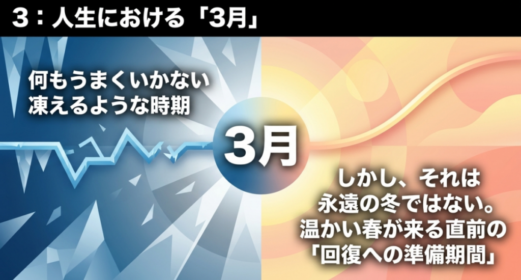 人生の中の3月を、何もうまくいかない冬のような時期から温かな春へ向かう回復の準備期間として示す図